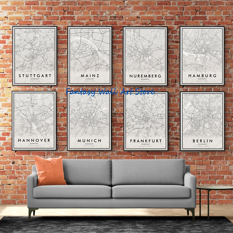Mapas de Alemania, Berlín, Mainz, Nuremberg, Múnich, mapa de calles, ciudades de Alemania, póster de viaje, pintura en lienzo, imágenes de pared, decoración del hogar