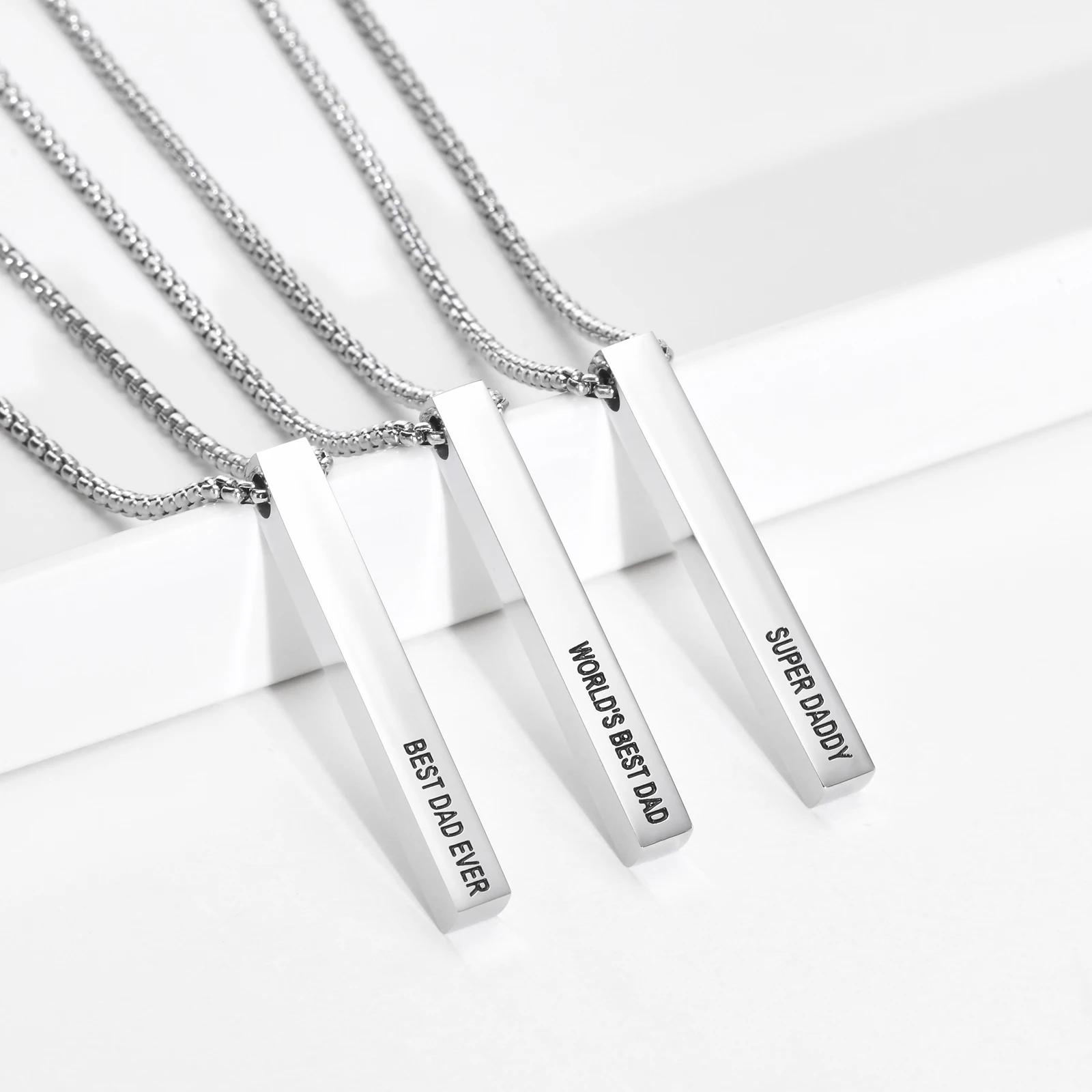 Men's Stainless steel full light corrosion Text Pendant Necklaces,Hot Sale 3 Types Square Bar Pendants Chain Gift For Christmas