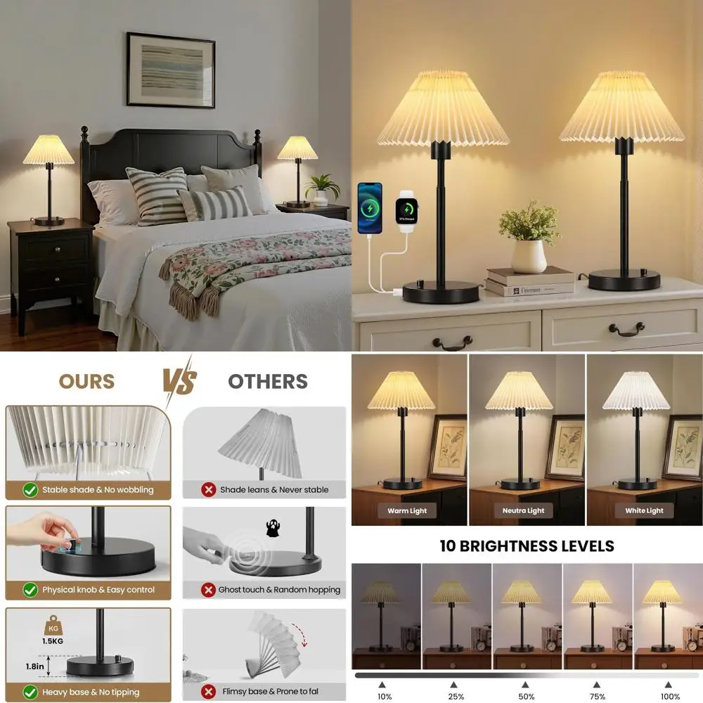 

Пара современных прикроватных светильников с регулируемой яркостью и USB-портами, металлическим и тканевым абажуром, идеально подходящим для домашнего офиса и чтения