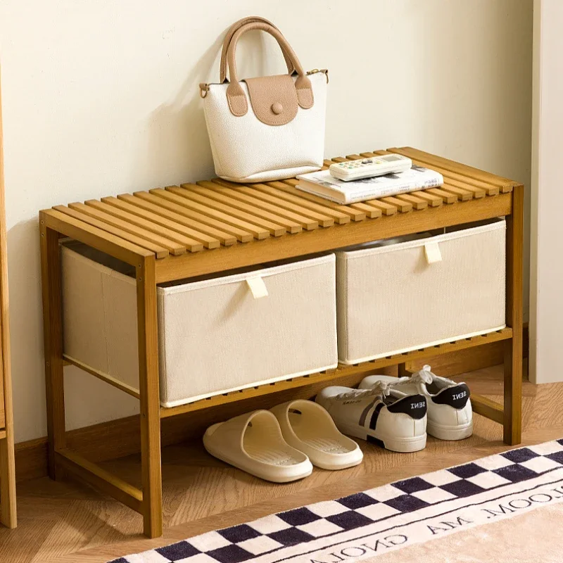Modern minimalist storage shoe changing stool, bamboo shoe wearing stool, storage basket shoe cabinet, double-layer shoe rack