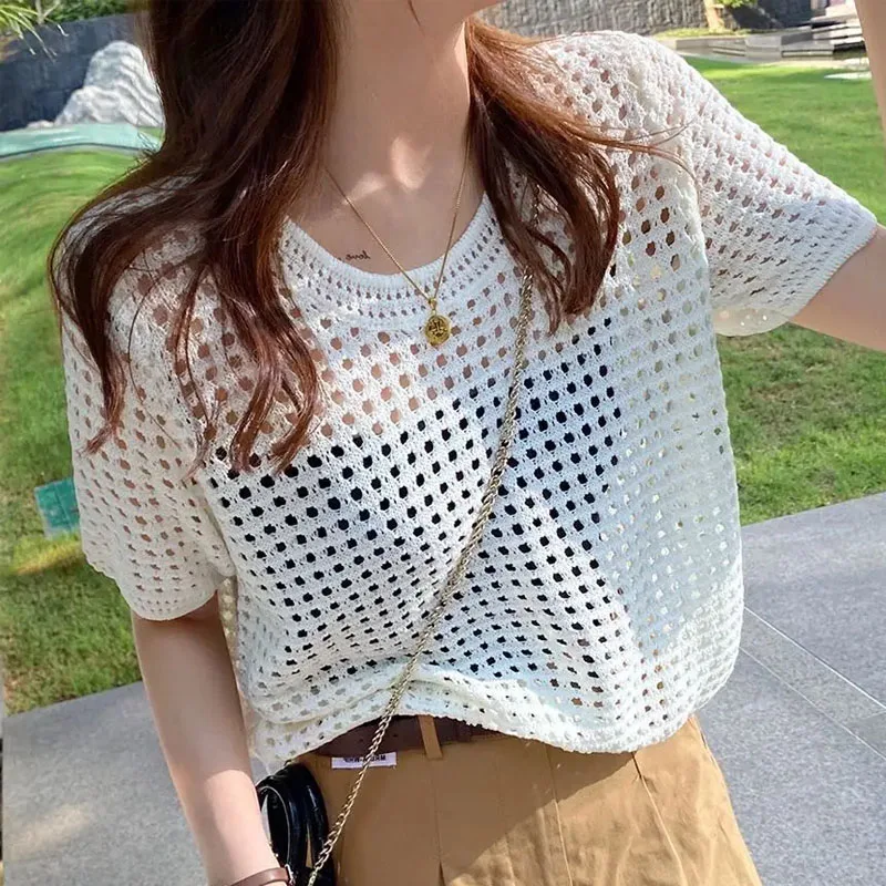 

Модные свитера с круглым вырезом и ажурной вязкой, женские пуловеры с коротким рукавом, вязаные топы Q3411