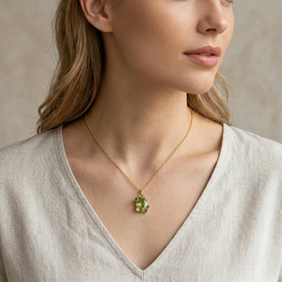 Französische Zarte Vergoldete Ovale Olivgrüne CZ-Halskette, Mehrsteinige Schlüsselbeinkette für Damen, Tägliches Party-Geburtstagsgeschenk Schmuck – Detail 4