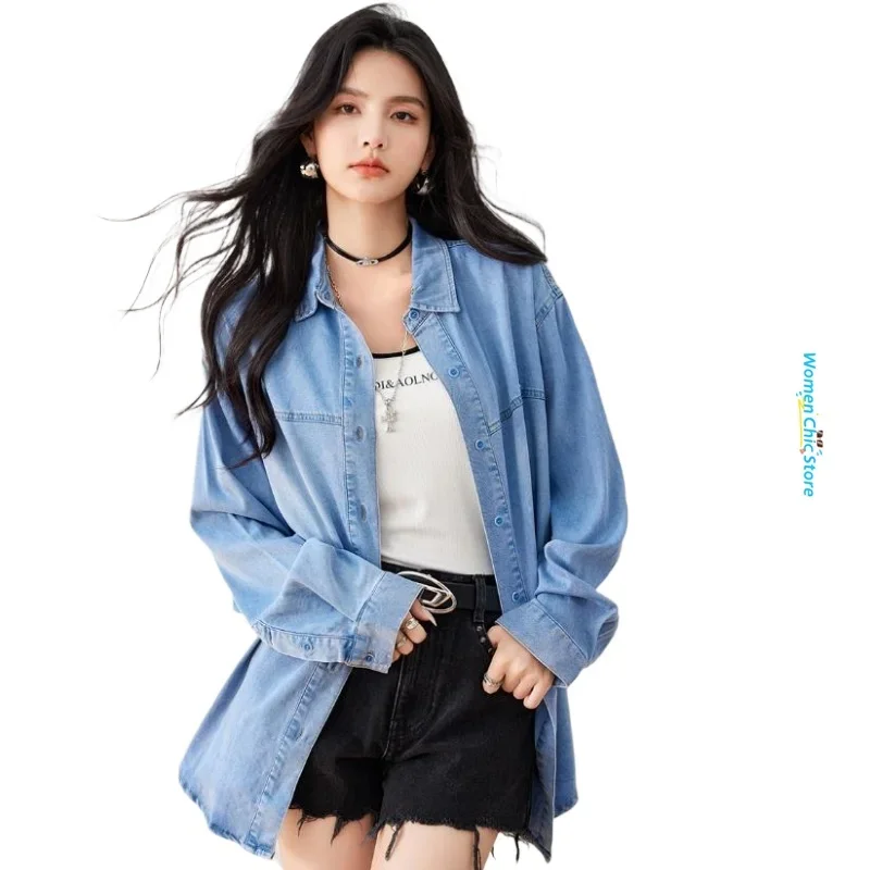 

American Vintage Blue Denim Shirt Coat Jacket Women Tops Spring Autumn Streetwear Long Sleeve Loose Casual Blouse Camisas B3345