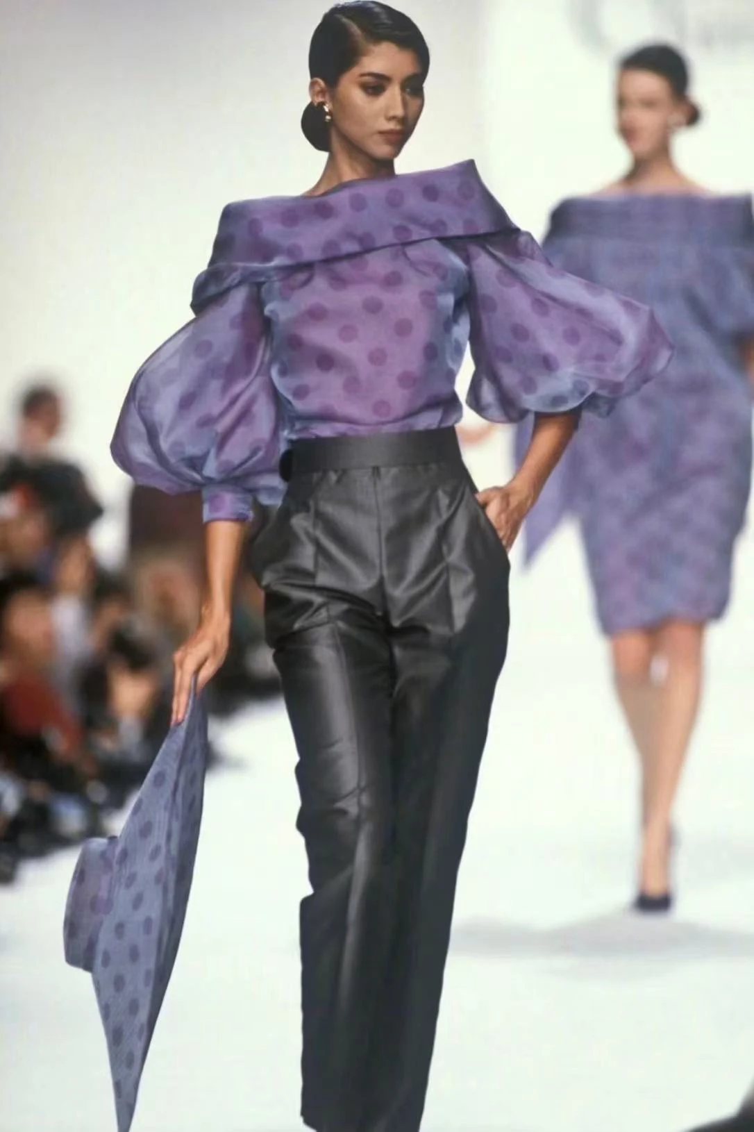 Vintage Purple Polka Dot Sheer Organza Off Shoulder Blouse, Fold-Over Wide Collar Puff Long Sleeve French Elegant Dot Top