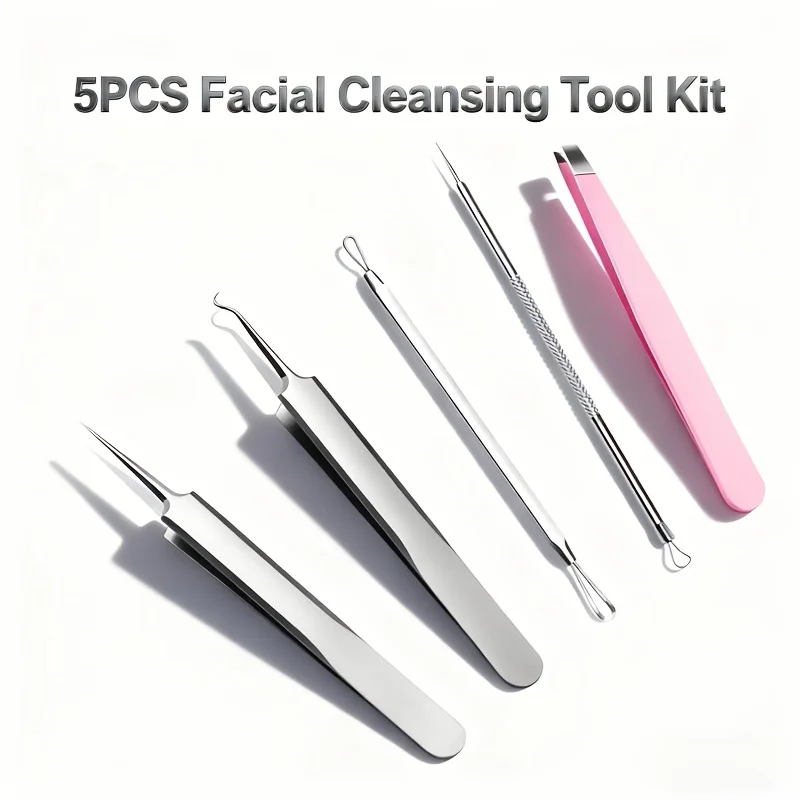 5Pcs Stainless Steel Facial Cleansing Tool Set,Precision Eyebrow Tweezers Multi-Functional Skin Care Kit,Deep Pore Cleaner