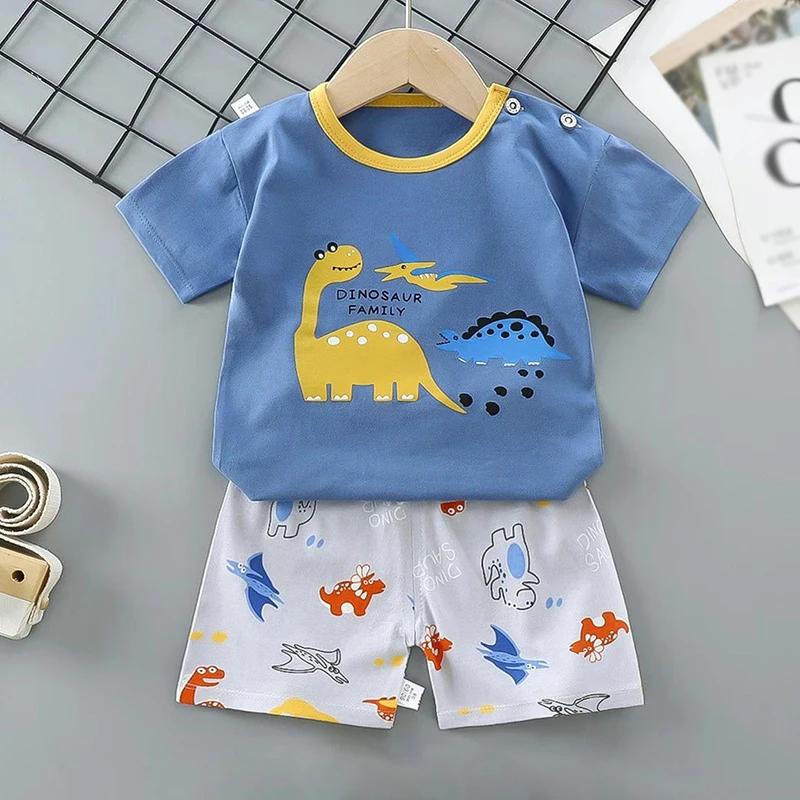 2Pcs Summer Baby T-shirt Clothes Suit Boys Girls Cartoon Dinosaur Vest Clothing Cotton Children Shirt Shorts Pants Sets