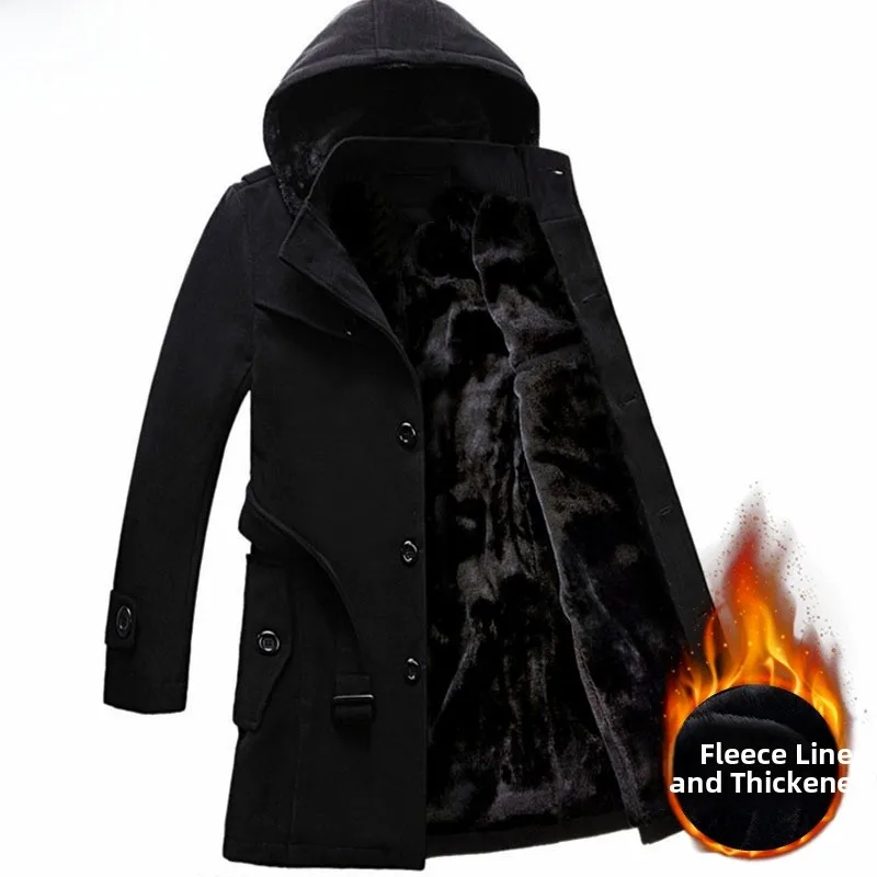 

Men's Winter Thiened Fce Lined Mid-Length Woolen Coat Busin Casual Faion Ci Sle Single-Button Closure Hooded