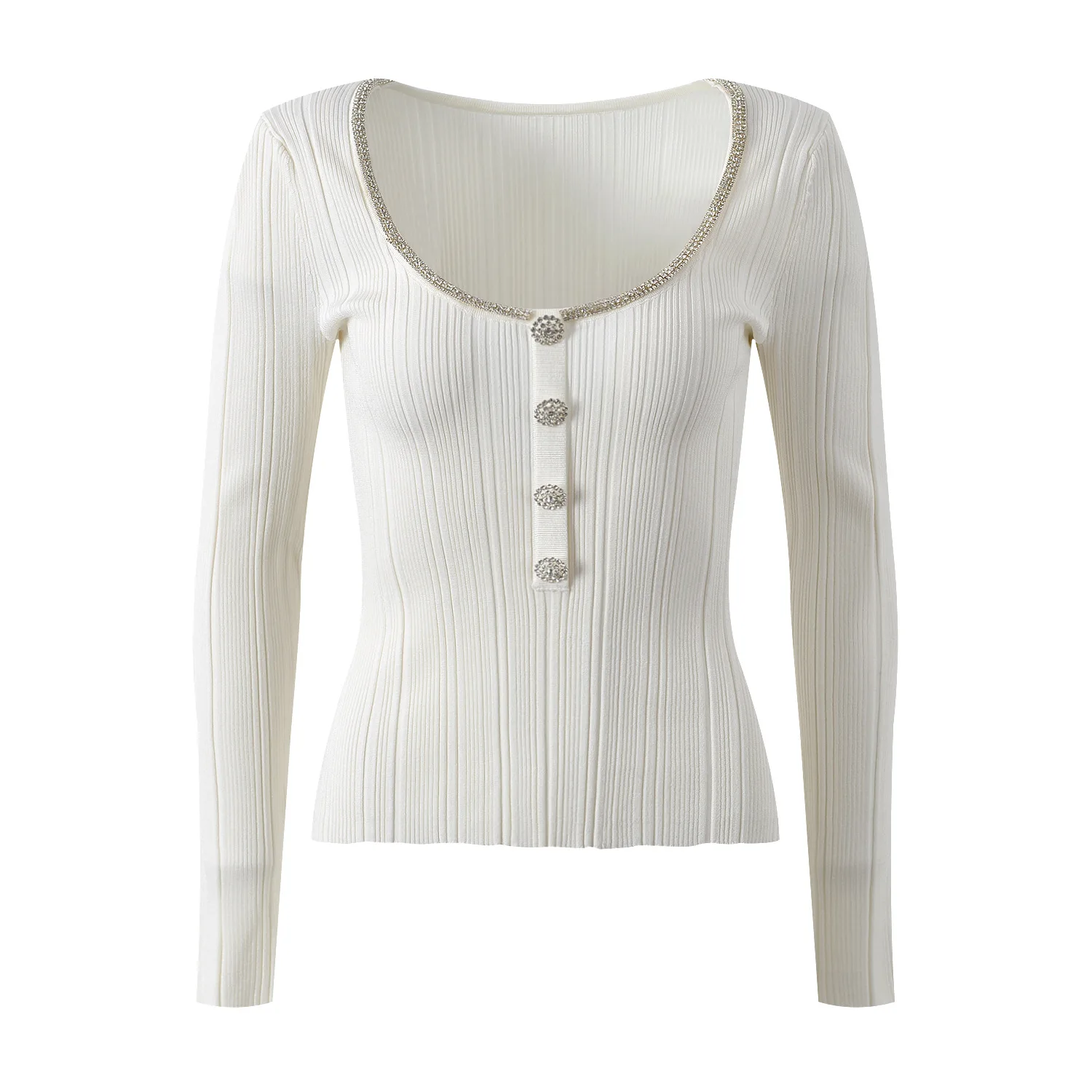 

Ele Slim Fit Knitwear Top with Diamond Decoration High Collar Trendy Busin Women's Ice Silk Long Sve T-irt