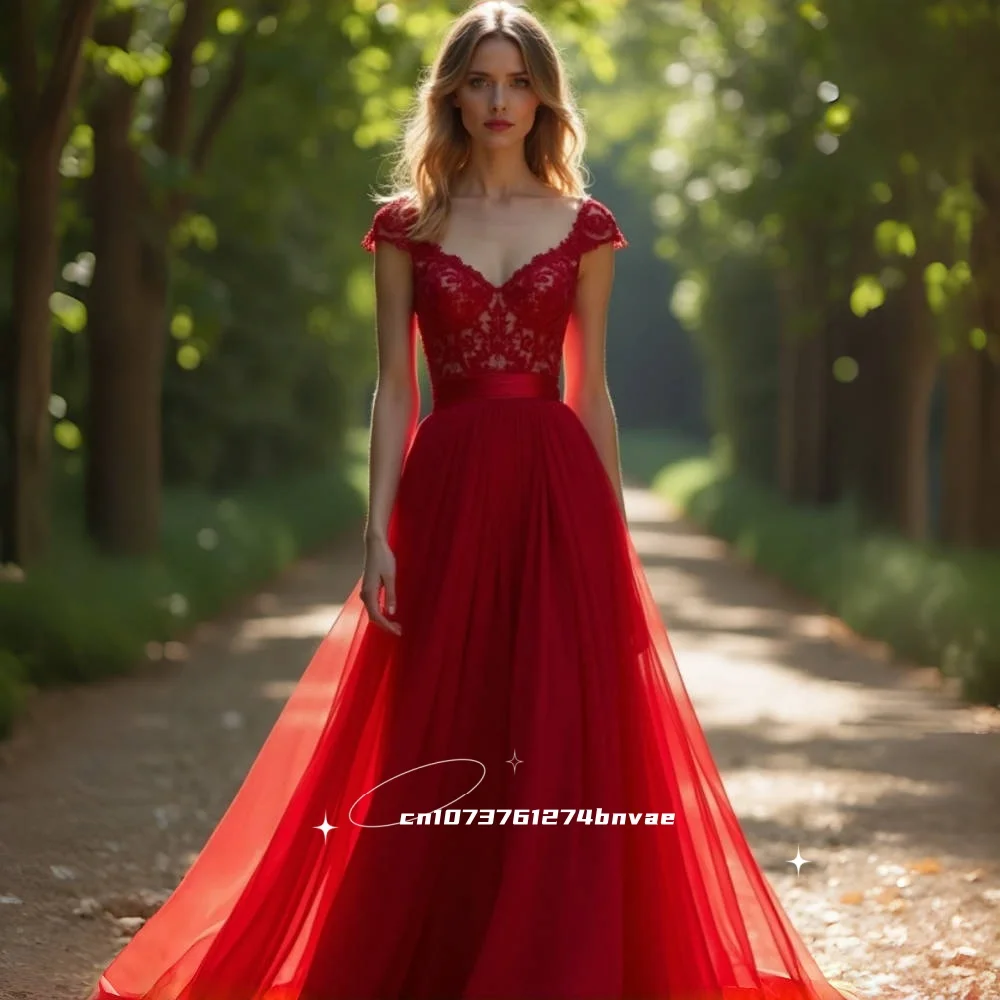 

Classic Red A-Line Wedding Dress Lace Appliques Off-Shoulder Caped Sleeves Long Tulle Bridal Gowns Customized Robe de mariée