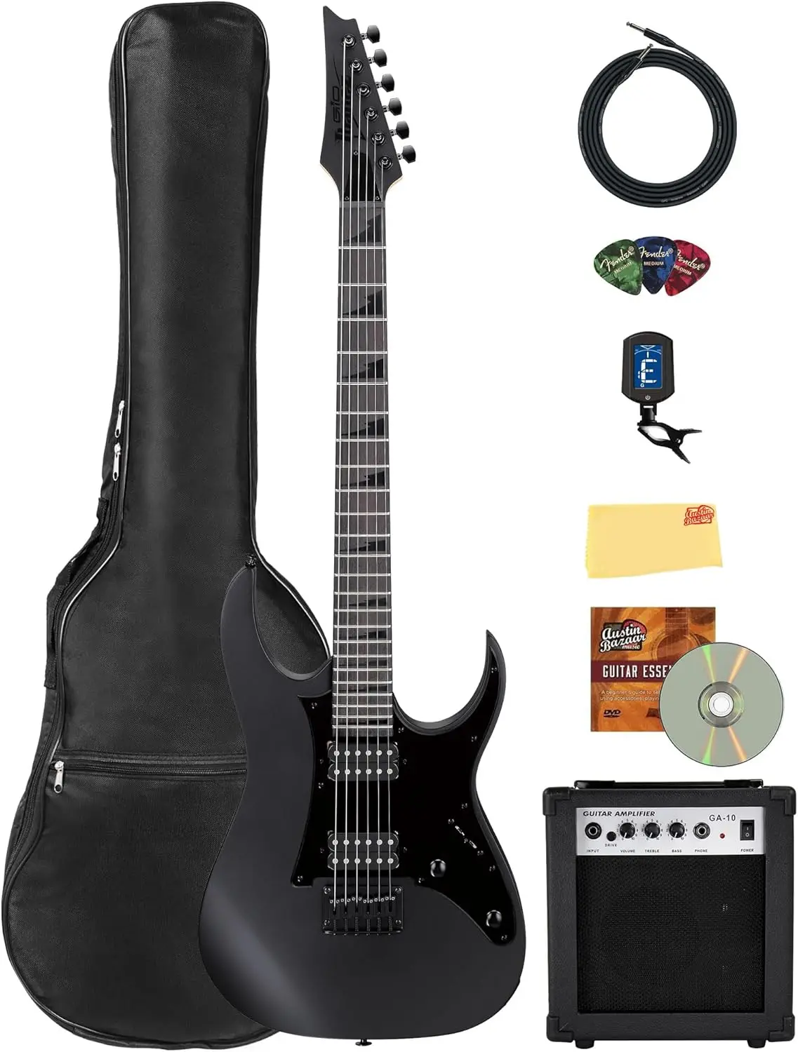 Black Flat Electric Guitar Bundle with Amplifier, Gig Bag, Tuner, Cable, Picks, Instructional DVD, and Polishing Cloth