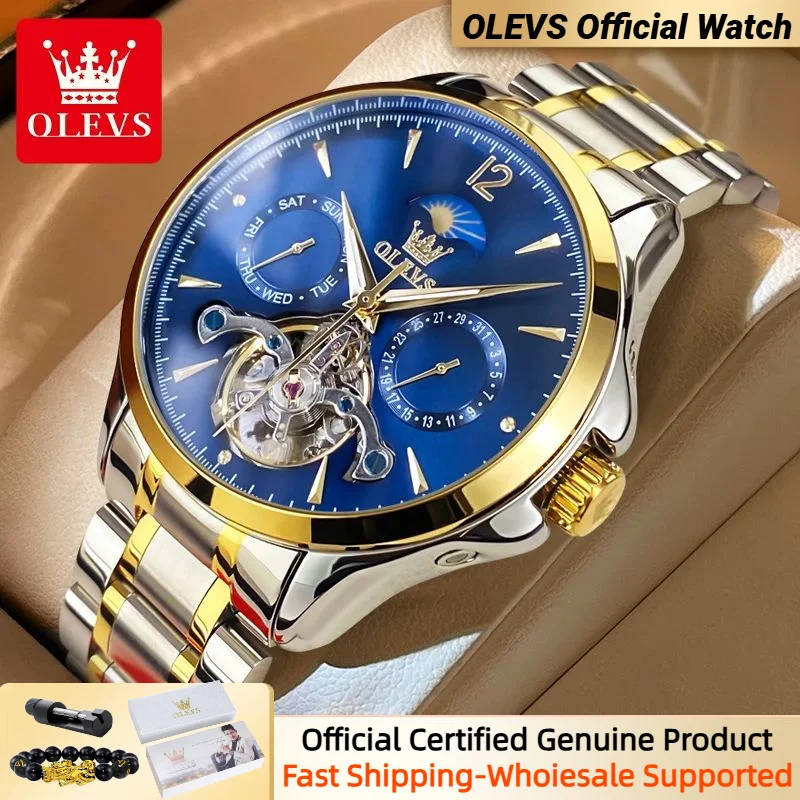 

OLEVS 6663 Flywheel Men's Watch Hollow Skeleton Moon Phase Waterproof Multi-function Stainless steel Mechanical Watch for Men