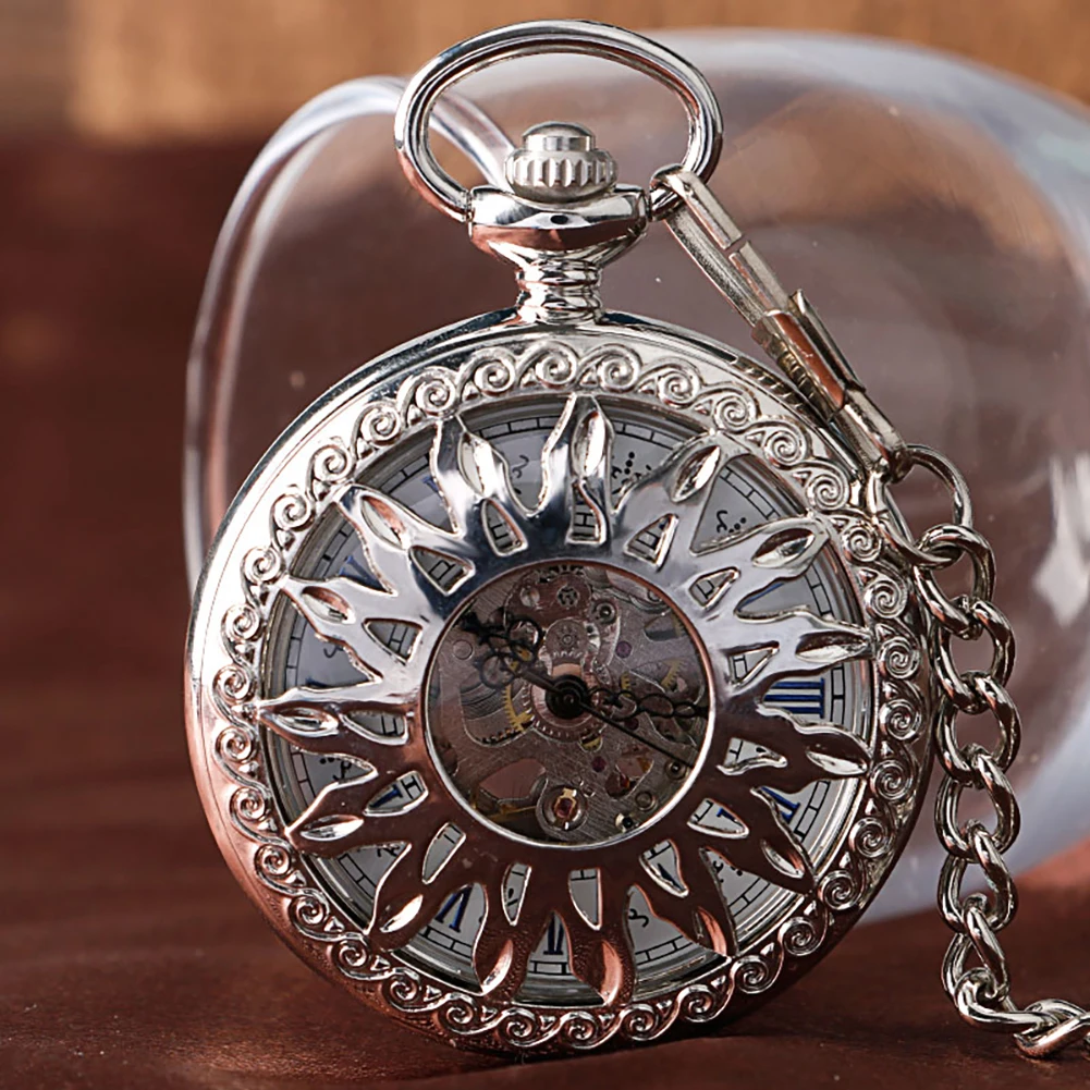 Silver/Rose Gold Carving Hollow Sun Mechanical Self Wind Pocket Watch Roman Numerals Skeleton Dial Fob Time Unisex