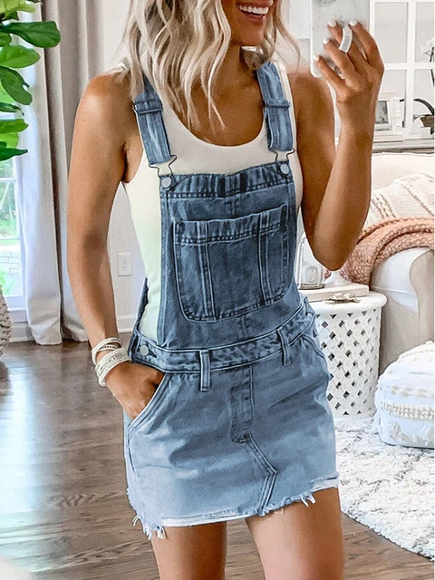 Mini robe classique en Jean pour femmes tenue en Denim avec ourlet effiloche bretelles reglables decontractee avec poches sans manches jupe courte a bretelles AliExpress 200000345