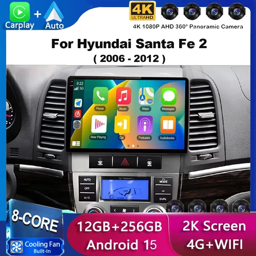 Para Hyundai Santa Fe 2 2006-2012 2K QLED Android 15 Radio de coche reproductor de vídeo Multimedia AI voz CarPlay unidad principal estéreo FIWI + 4G