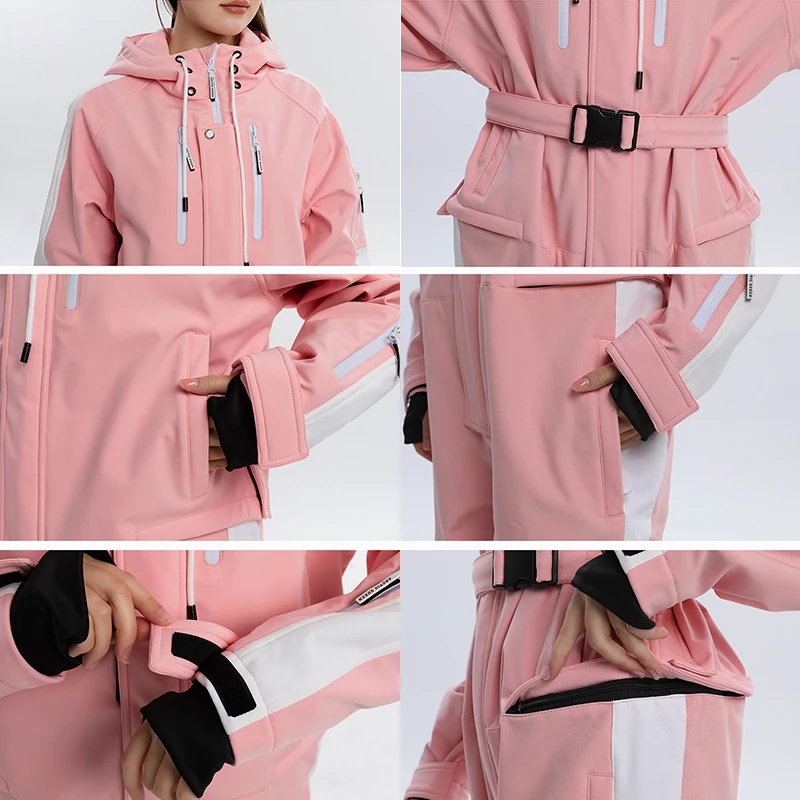 男性女性ワンピーススキージャンプスーツアウトドアスポーツスノーボードジャケット厚く暖かいスキースーツ防水冬服オーバーオールフード付き