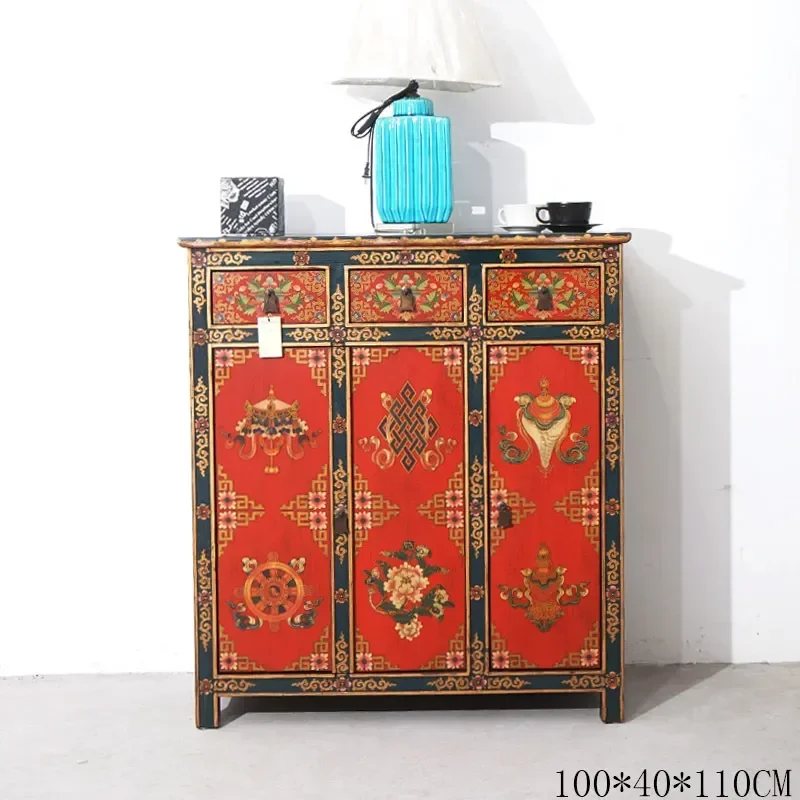 Chinese Retro Eight Treasures Solid Wood Cabinet Hand Painted Storage Sideboard for Porch Corridor Dining Room Decorative