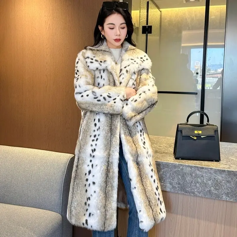 (Rabbit Beauty) New Leopard Pattern Rabbit Fur Coat, Women's Medium To Long Fur Integrated Coat