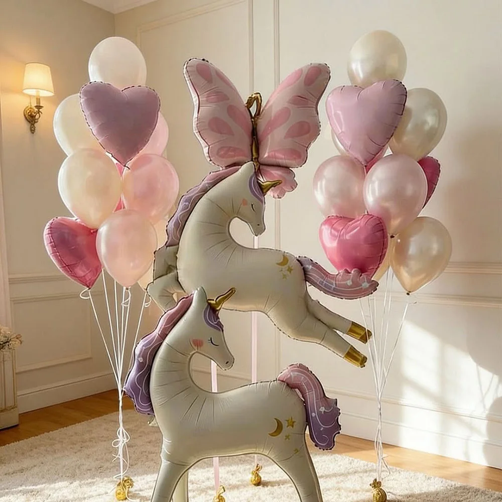 1 Set Vintage Stehender Einhorn-Ballon mit Rosa Schleife, Waldprinzessin-Thema, Ballondekoration für Geburtstag, Hochzeit, Babyparty – Detail 1