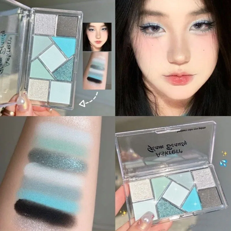 Paleta de sombra de ojos acrílica transparente, Resaltadores de placa azul de nueve colores, brillo de larga duración, herramienta de maquillaje de ojos