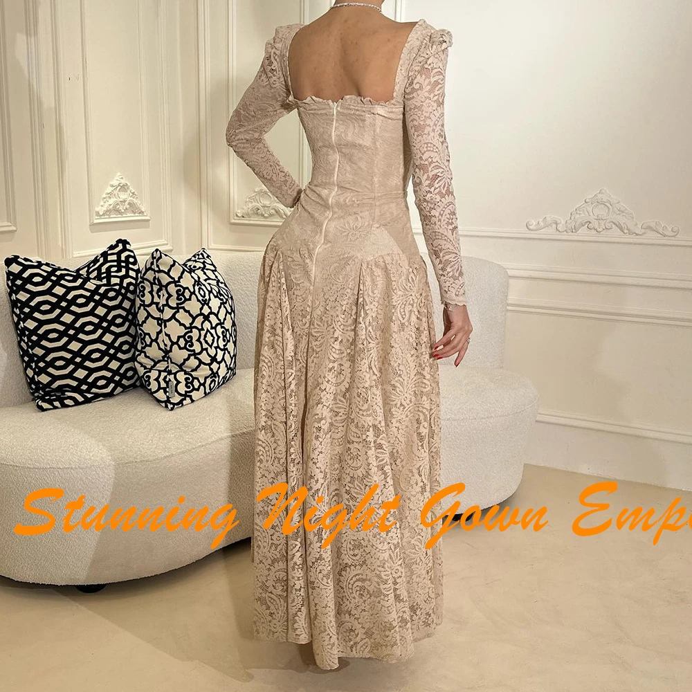 CustomizedExquisite Ankle Length Lace Pleats Evening Dresses Graceful A-Line Sweetheart Long Sleeves Party Gowns فساتين سهره نسا image 4