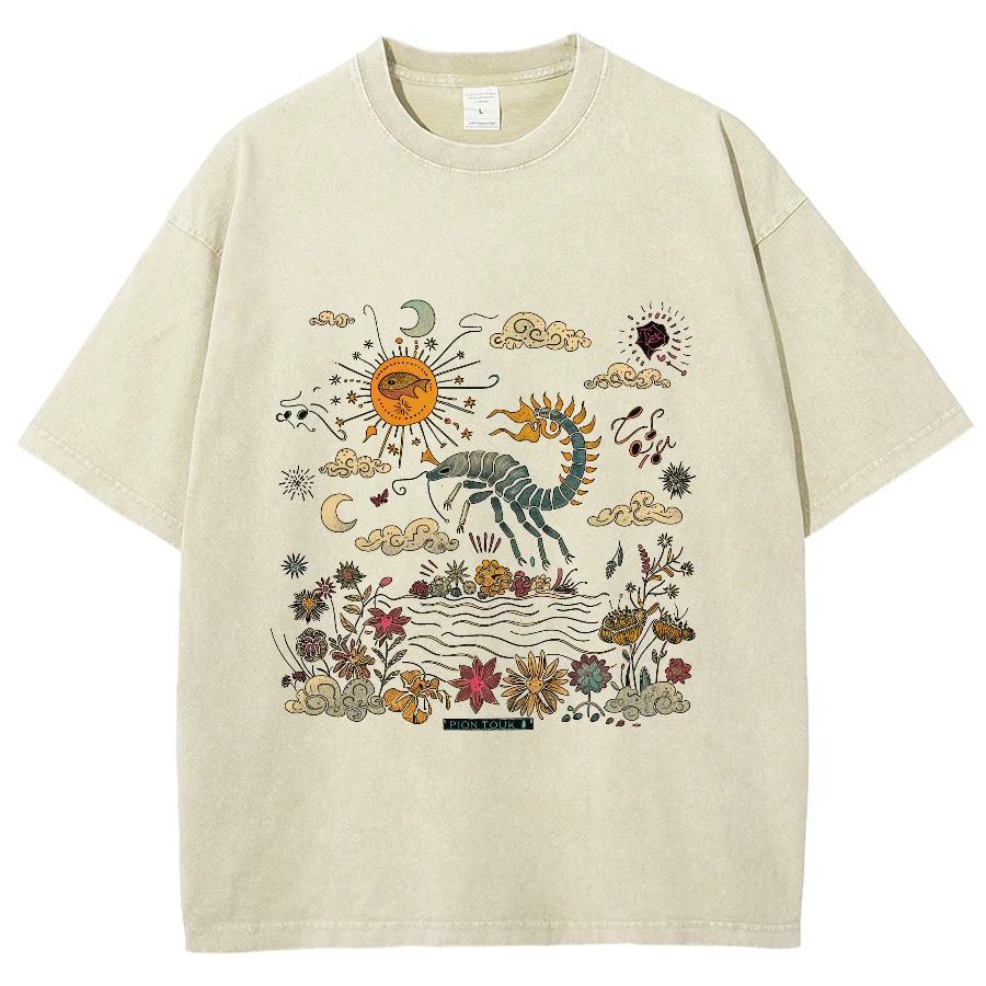 Cartoon Landscape Print Simple Casual Style Women's T-Shirt Unisex Wash Round Neck Short Sleeve Vintage Distressed Basic Tee