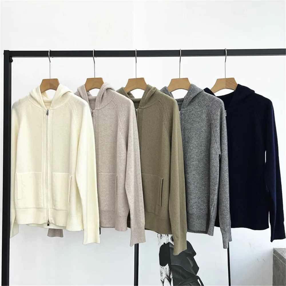 

Женский кардиган с капюшоном на молнии и длинными рукавами, карманом, прямой кашемировый вязаный свитер