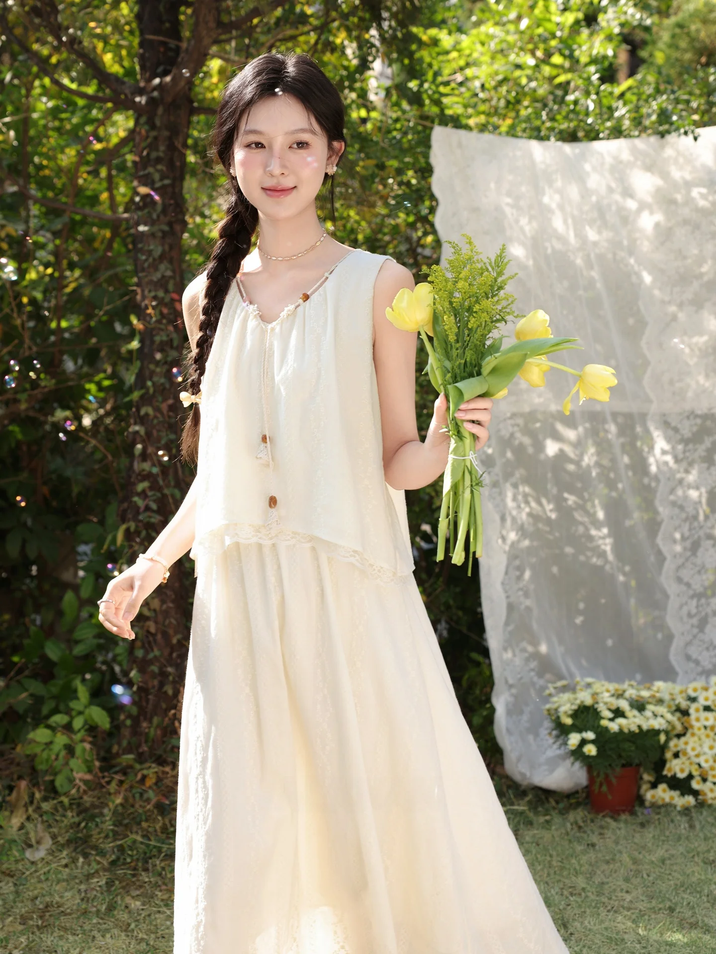 

Elegant Summer Vest Dress for Women Light Flocking Dance Apricot High End Fake Two Piece Skirt Chinese Made Daily Wear