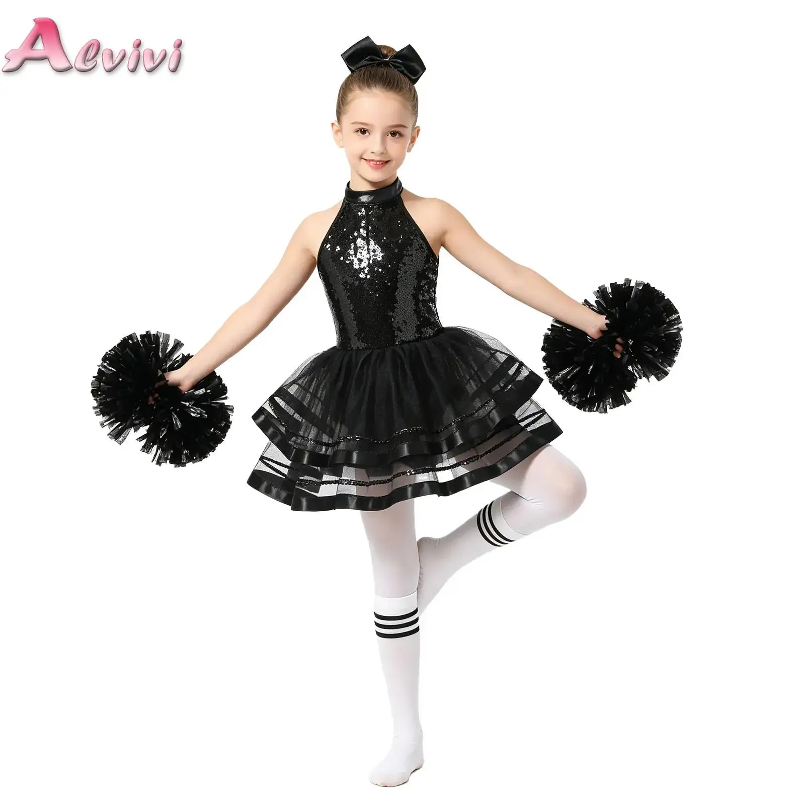 

Kids Girls Cheerleading Outfit Sleeveless Halter Sequins Lyrical Ballet Dance Tulle Tutu Dress with Flower Balls Headwear Socks