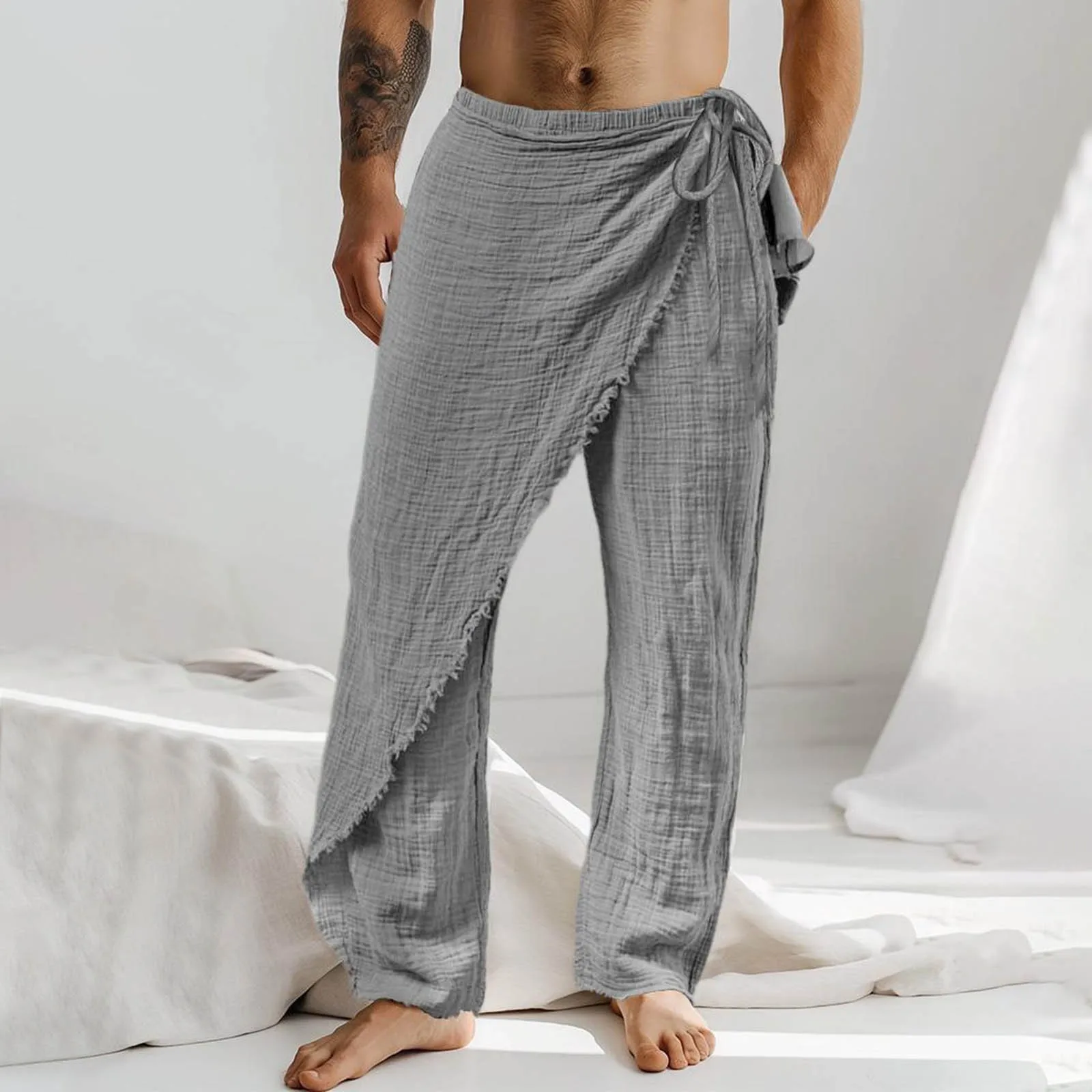 Men Linen Drawstring Personalized Pants Casual Loose Holiday Irregular Ruffled High Split Pants Wide Leg Comfort Breathable Pant