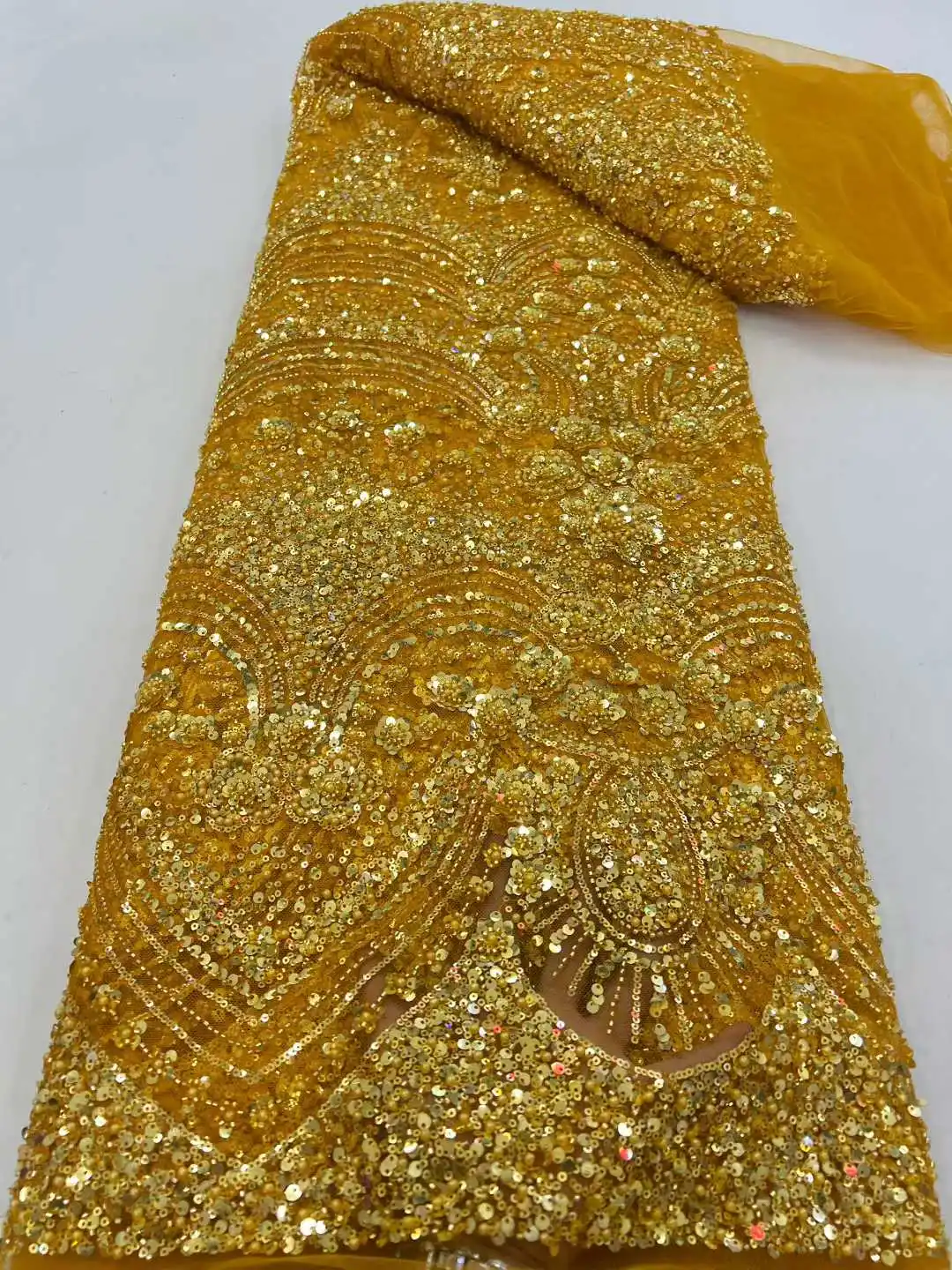 

Элитное кружево с бисером в африканском стиле, 2026, высокое качество, 5 ярдов, ручная работа, бисер, пайетки, ткань из Нигерии для вечернего платья XC6024HB