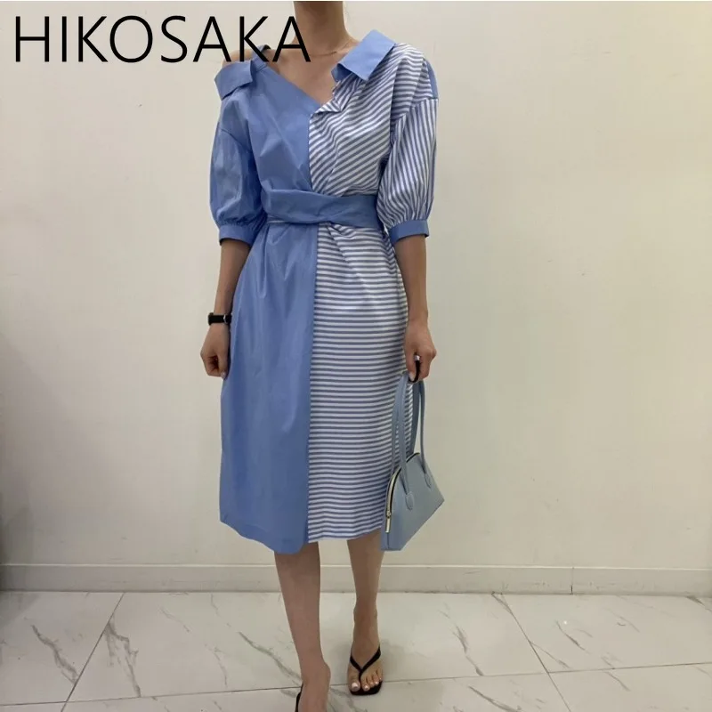 Korean Chic Patchwork Striped Asymmetrical Shoulder Exposure Shirt Dress Belt Slim Waist Puff Sleeve Robe French Elegant Vestido