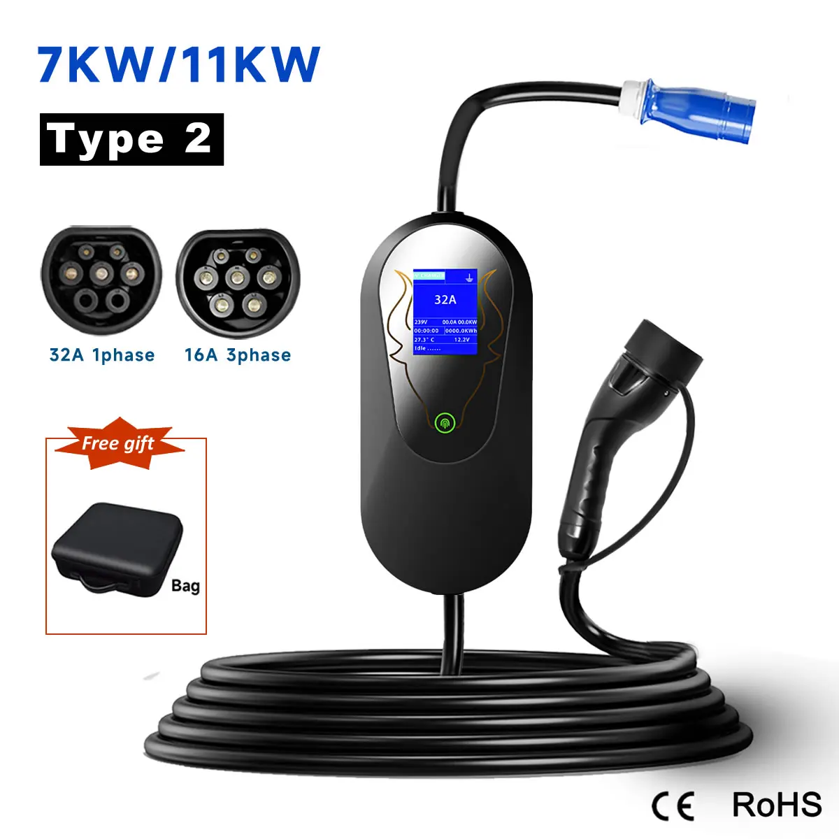 

Type2 IEC62196-2 7kw 11kw Electric Vehicle Charger CEE Plug Wallbox EVSE Electric Car Charging Device EV Charger Type 2 16A/32A