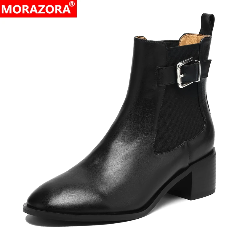

MORAZORA/Новые ботинки из натуральной кожи, большие размеры 34–43, женские эластичные ботинки челси с пряжкой, осенне-зимние ботильоны на квадратном каблуке