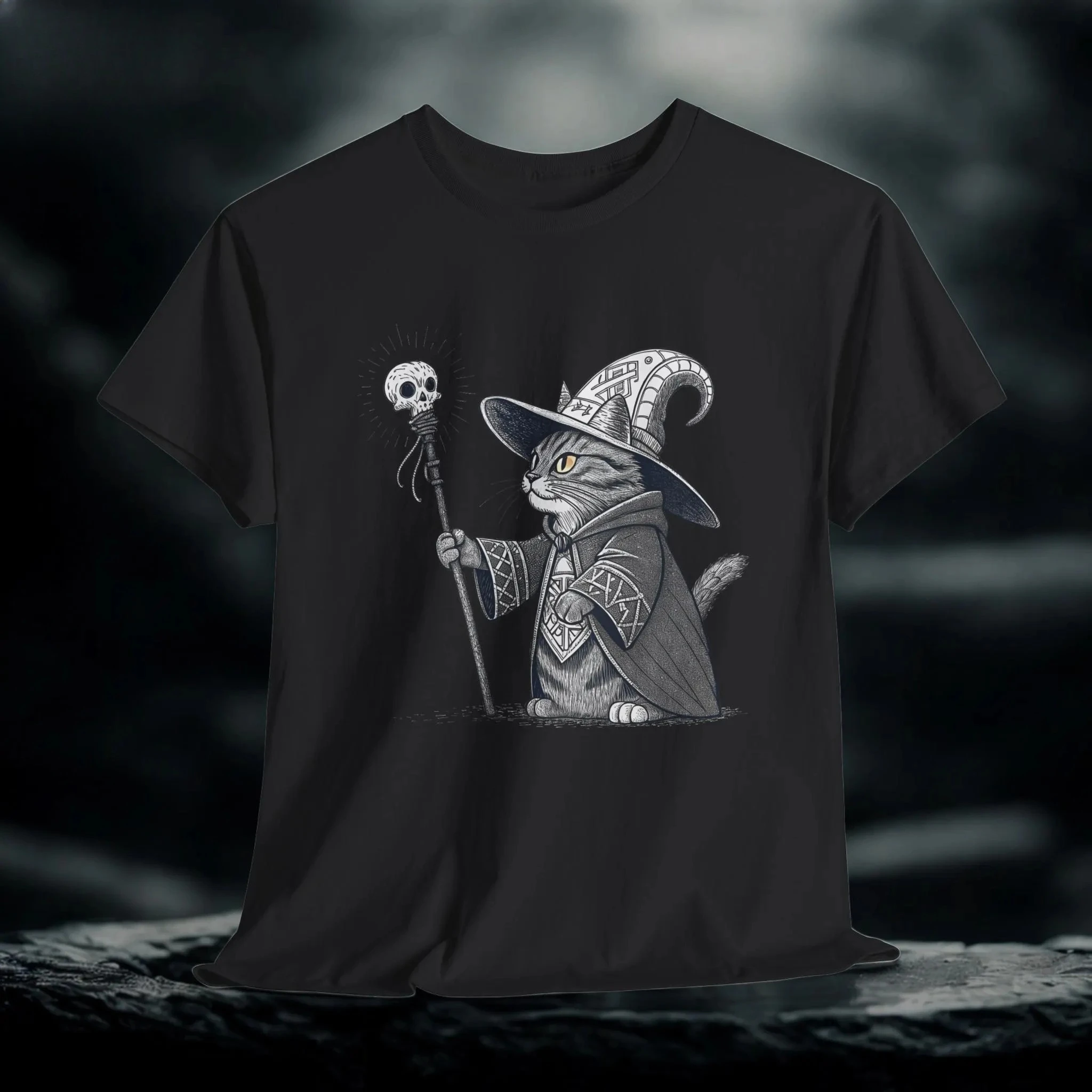 Necromancer Kitten Tee, 고딕 고양이 그래픽 티셔츠, 신화적인 판타지 유니섹스 탑, 중세 재미있는 셔츠 통기성 탑