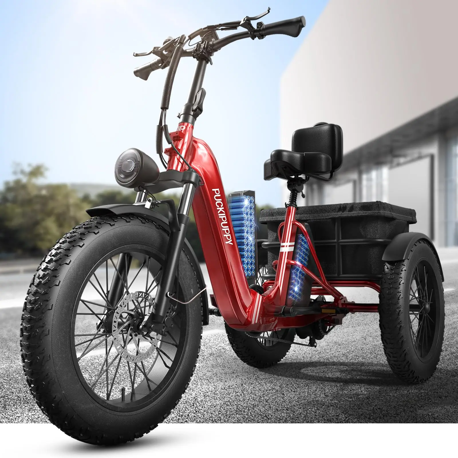 

PUCKIPUPPY Electric Tricycle for Adult 500 LB Load Dual Battery Ebike 20'' Fat Tire Electric Trike 960W Peak Motor 48V/15&17.4Ah