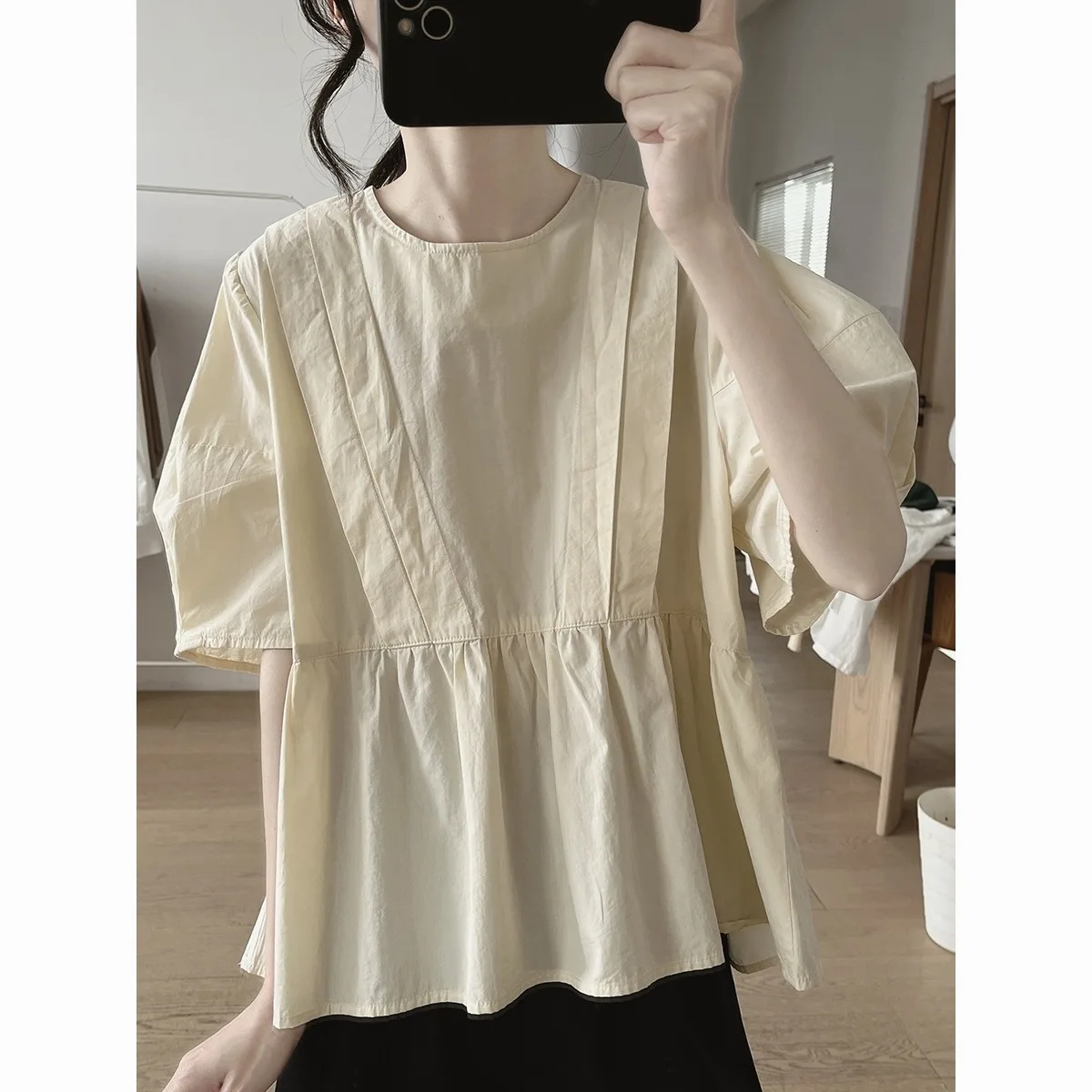 

Short Sleeve Shirts Womens Modal Patchwork Pintuck Cropped Tunic Ins Style Modern Urban Artistic Student Blogger Classic
