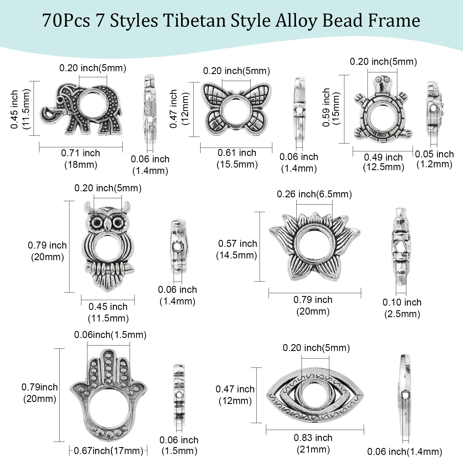 PandaHall 70Pcs 7 Styles Tibetan Style Hollow Open Bead Frames Antique Silver Animal Bead Frames for DIY Making Necklace Jewelry