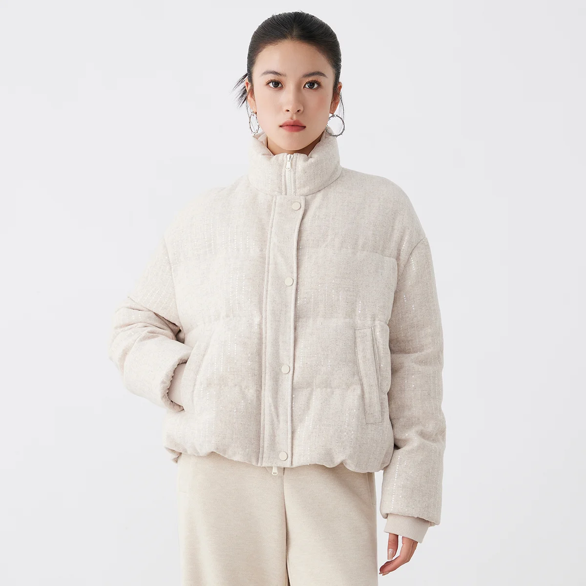 K2739W高品質高級婦人服90%ホワイトグースダウン厚手ダウンジャケット50%ウールスパンコール冬用ジャケット