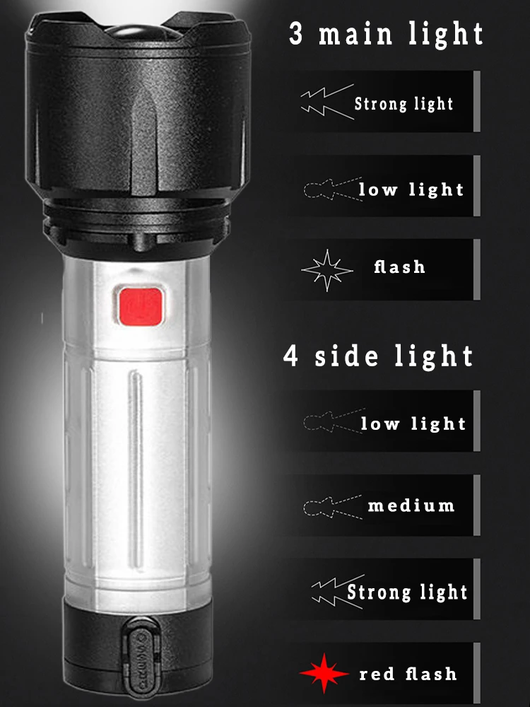 High-Power Led Flashlight Rechargeable Battery 7-Speed Light Mode Camping Lantern Power Bank Can Zoom Long Shot Tactical Torch