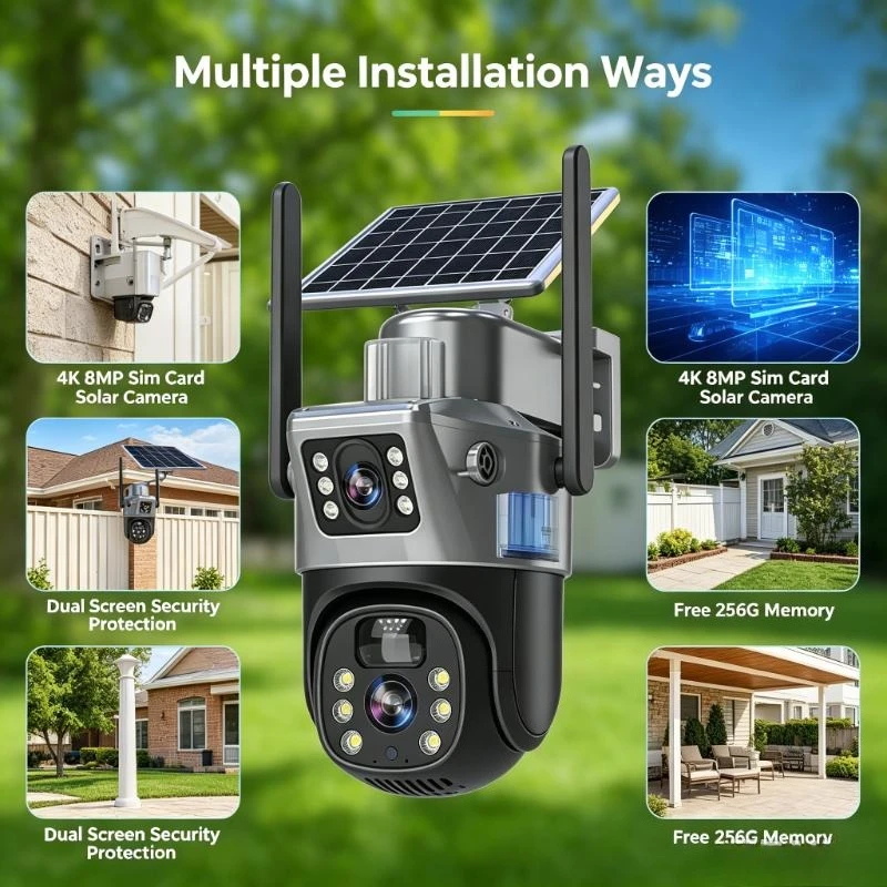 4K 8MP Sim Card Solar Camera comes free with a 256G memory Outdoor IP Cam Dual Screen Security Protection Wireless Surveillance