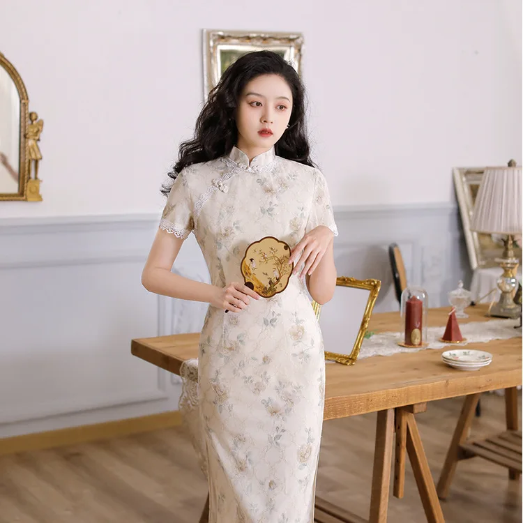 

Весенне-осеннее новое шифоновое платье Cheongsam средней длины, облегающее повседневное женское платье в национальном стиле