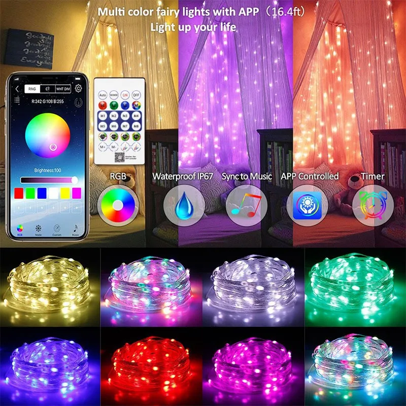 5M/10M/15M/20M RGBIC USB Sting Light Bluetooth APP DIY LED Fairy Lights Garland Decoration for Christmas Wedding Birthday Party