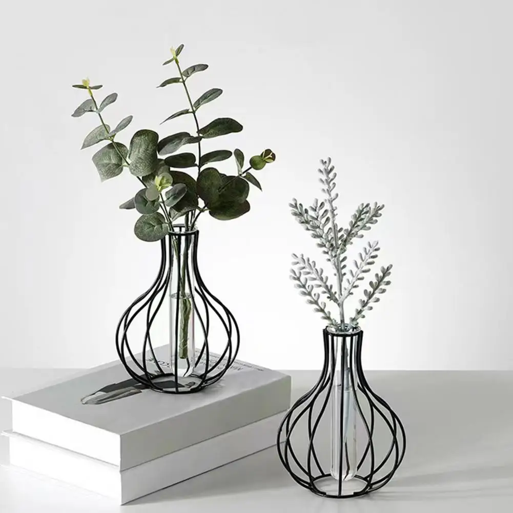 Water Flower Vase Decorative Glass Vase with Metal Wire Stand Clear Test Tube Vase with Iron Art Frame for Hydroponic Plant Mode