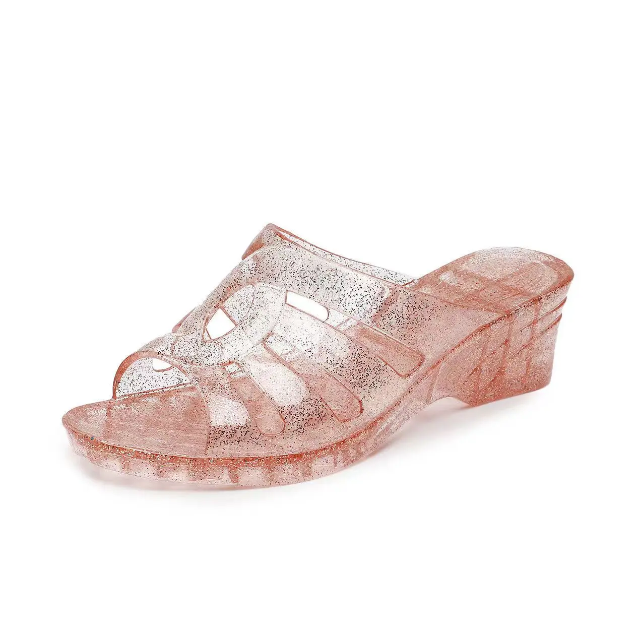 New Women\'s Summer Transparent Crystal One Word Wedges Slipper Soft Sole Non Slip Home Slippers Bathroom Slippers