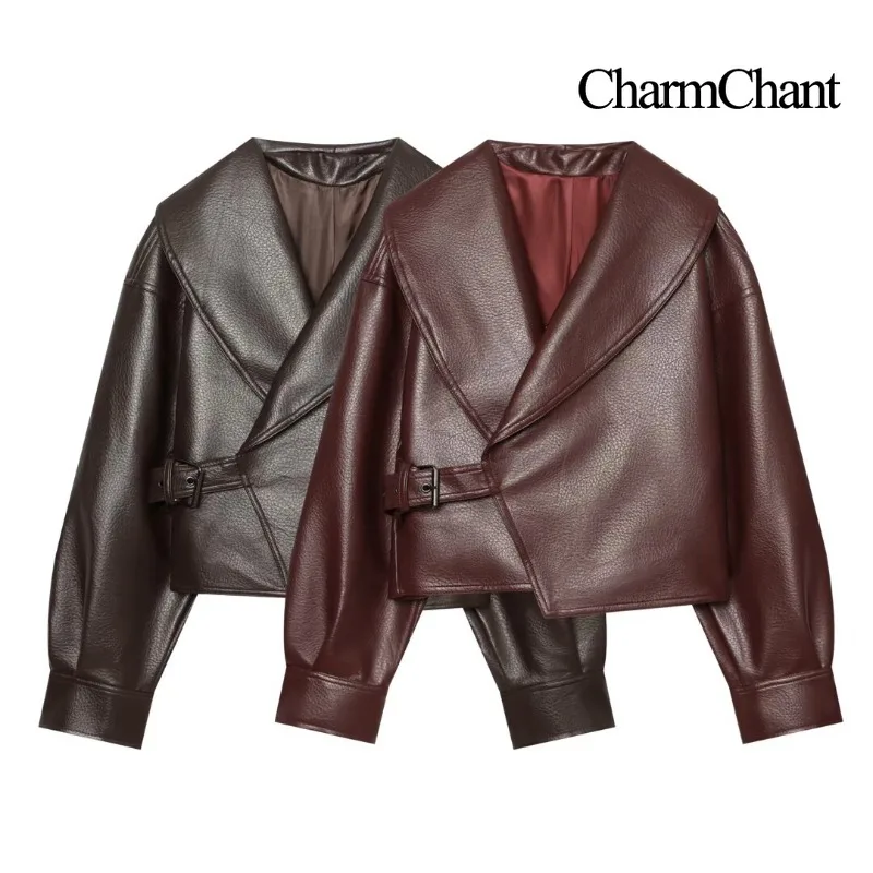 CHARMCHANT Women's Faux Leather Biker Jacket Long Sleeve Asymmetric Wrap Buckle Strap Cropped Outerwear Street Autumn 2026