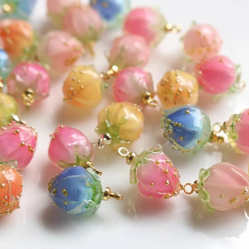 4pcs Cute Resin Strawberry Pendants Flower Buds Charms For DIY Jewelry Making Accessories Handmade Earring Necklace Bracelet