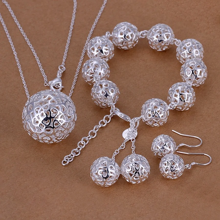 Fine 925  silver wedding Women jewelry exquisite hollow necklace bracelets Earrings set fashion  Set S110