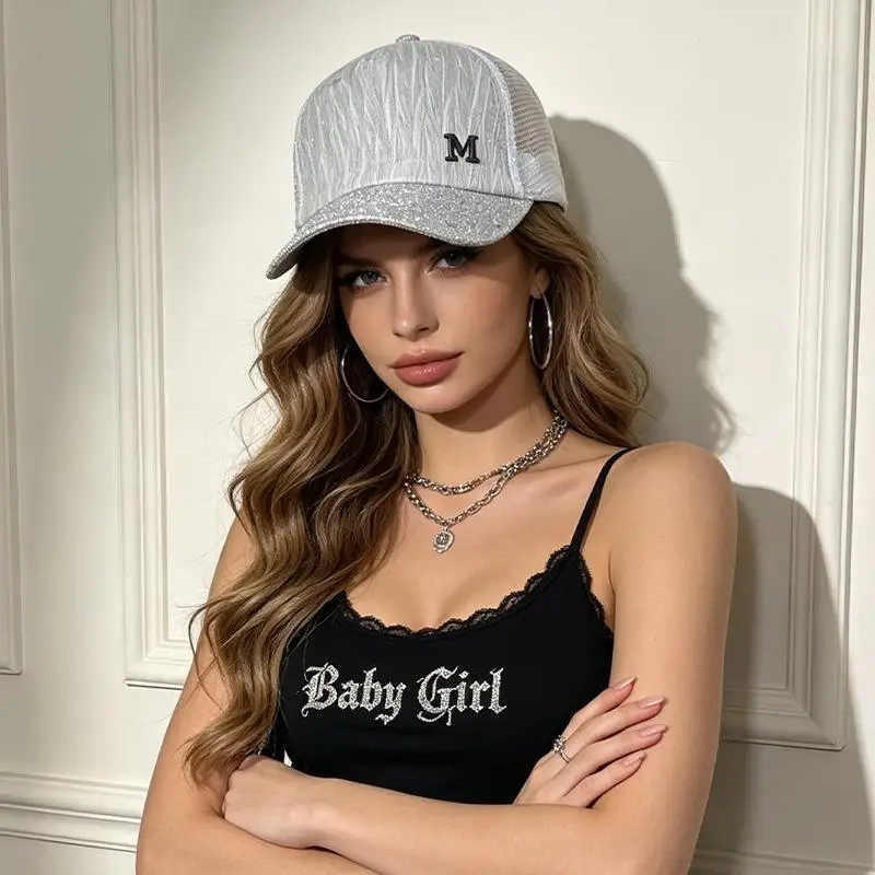 Women's Bling M Logo Baseball Cap Shiny Rhinestone Breathable Mesh Back Adjustable Summer Hat for Daily Commute