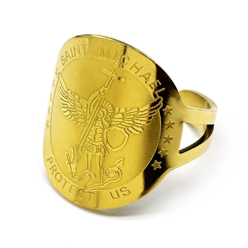 Saint Michael Protect Us Rings for Women Men Stainless Steel Gold Silver Color Protection Amulet Ring Jewelry anillos grandes