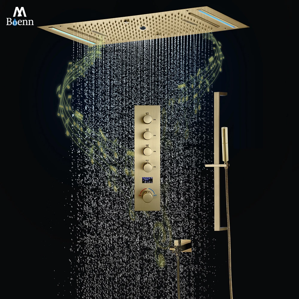 M Boenn 638*338mm Gold Shower Panel Bathtub Concealed Hot and Cold Shower Faucet System Bathroom Rainfall Showerhead with Music